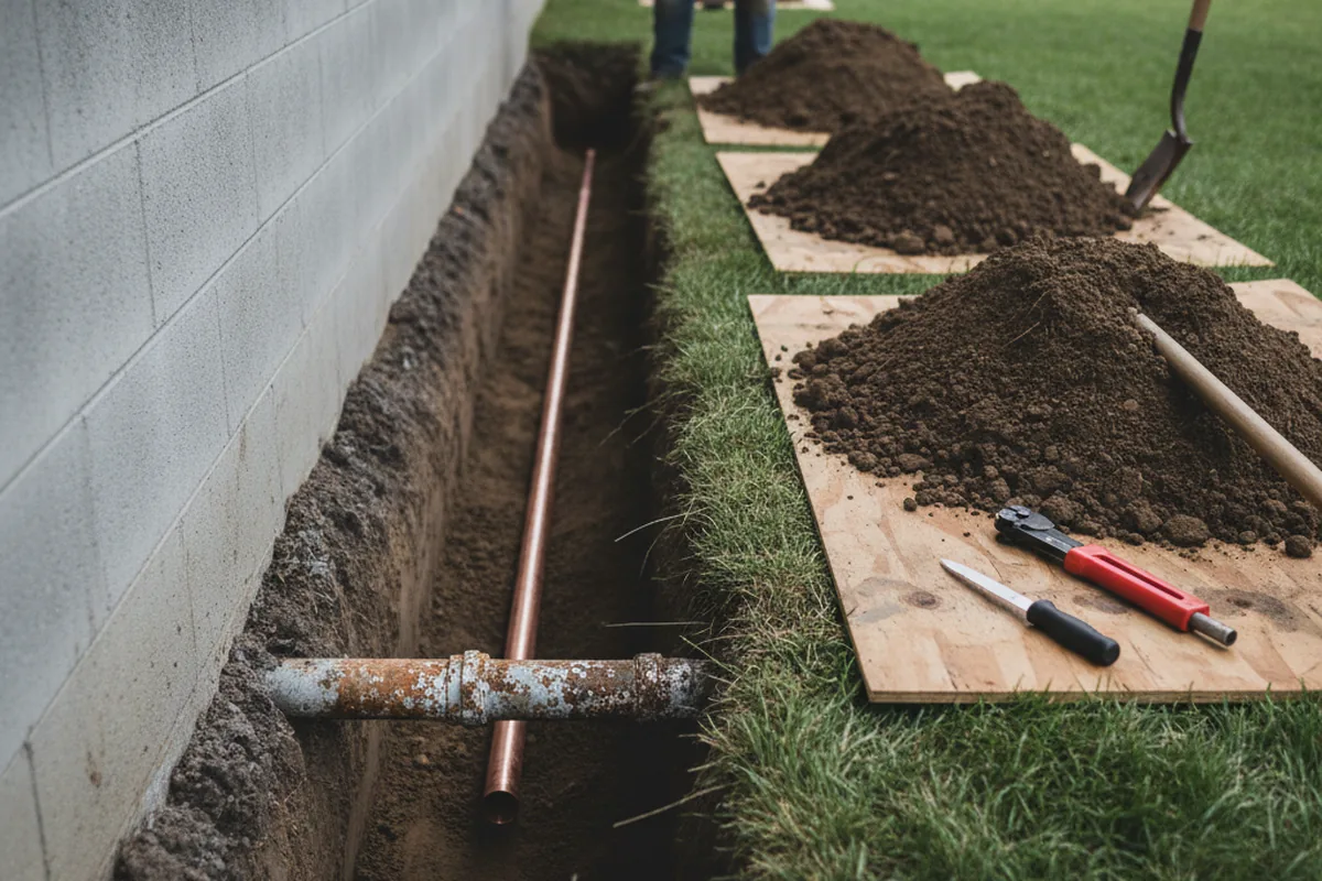 Excavated water line trench during Sewer Line Repair in Roark